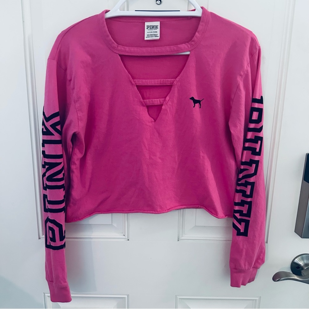 PINK Victoria’s Secret Top S | Pink Strappy V-Neck Cropped Long Sleeve Logo